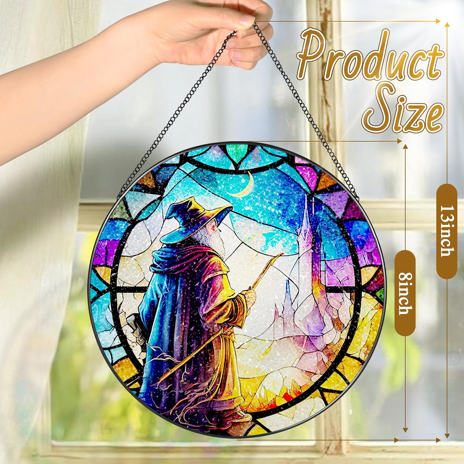Stained Glass Window Hanging, LAOWEIKI 8'' Witch Suncatcher, Stained Glass Ornament, Suncatchers