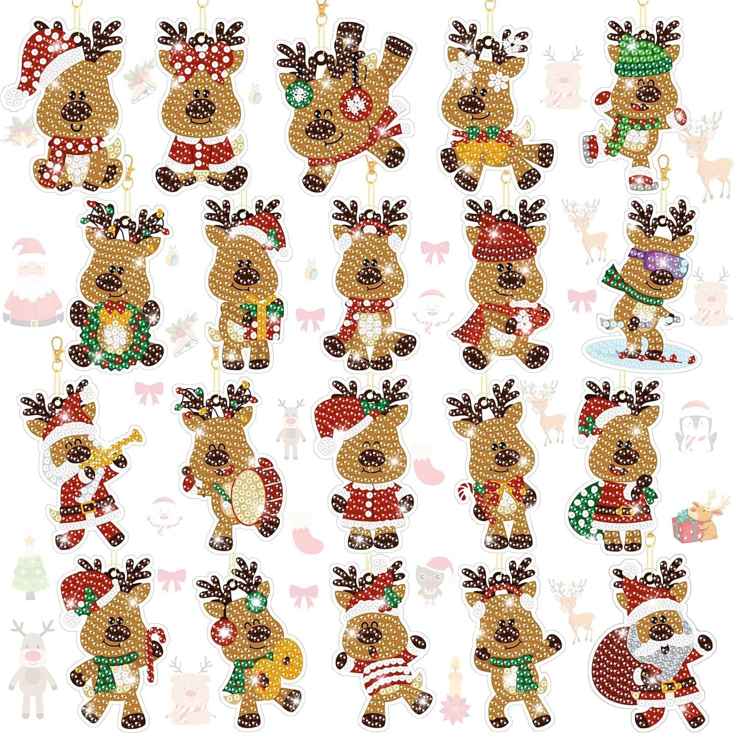 Tondiamo 20 Pcs Christmas Diamond Painting Keychain Kits 5D DIY Diamond Art Pendants Double Sided