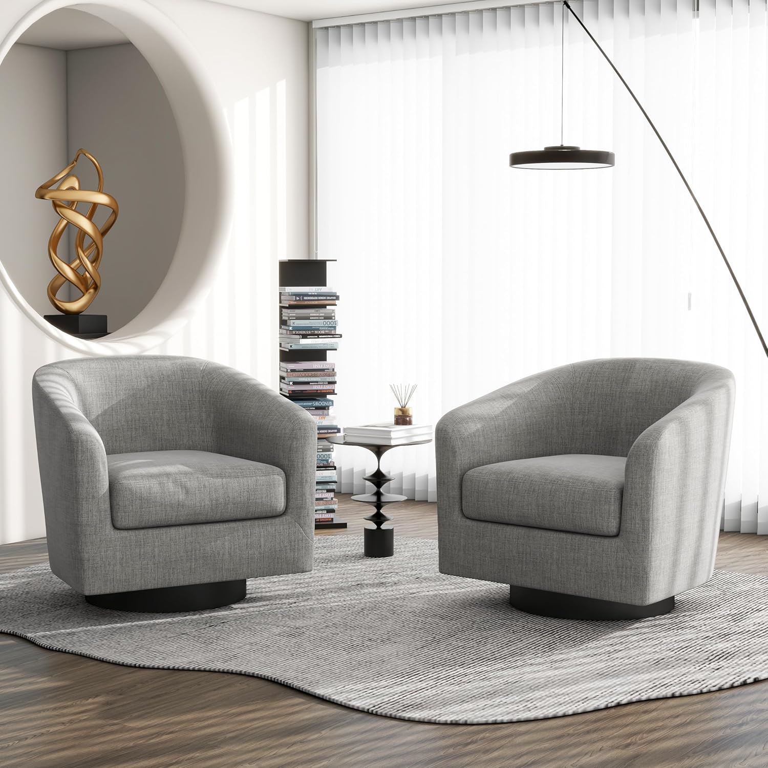 Swivel Barrel Accent Chair, Modern Round Linen Arm Chair for Living Room, Bedroom, Comfy Club