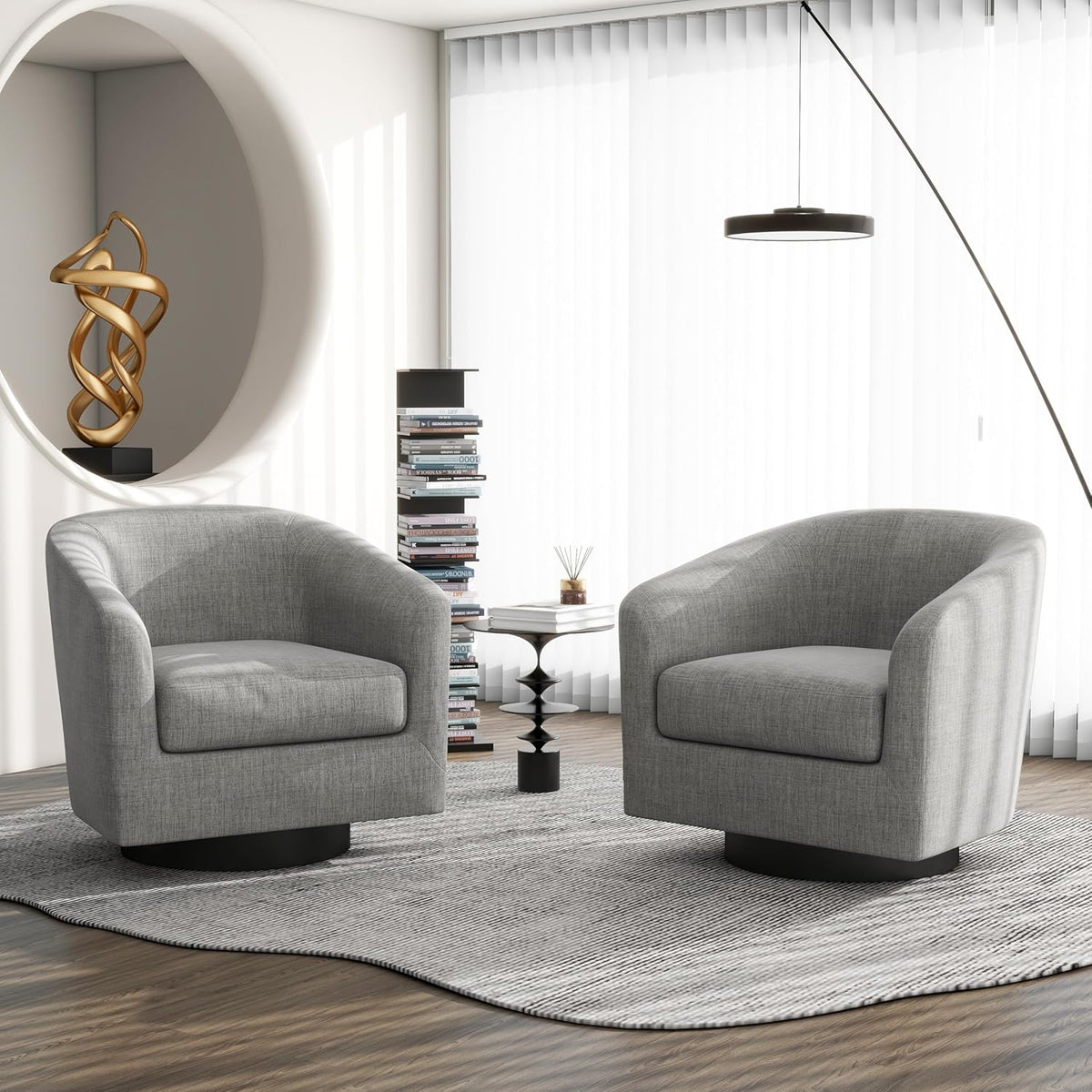 Swivel Barrel Accent Chair Set of 2, Modern Round Linen Arm Chair for Living Room, Bedroom, Comfy