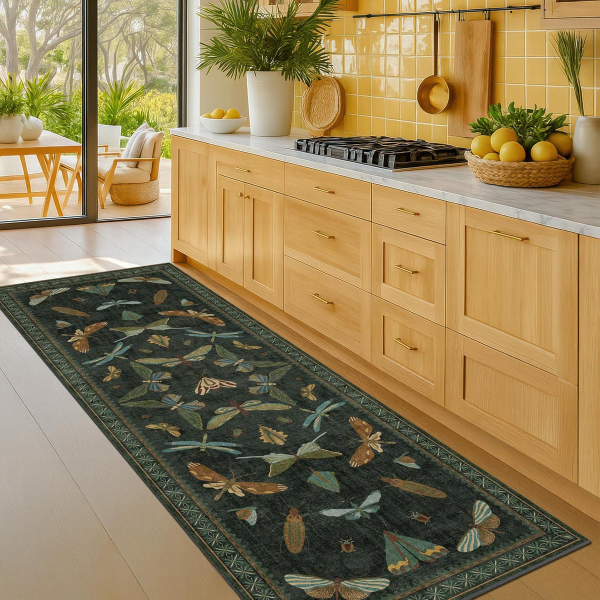 2x6 Entryway Runner Rug - Dark Green Kitchen Runners, Insect Floral Indoor Floor Décor, Washable