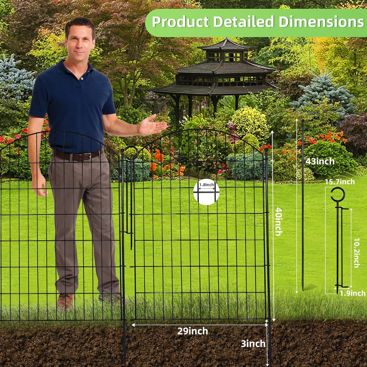 Decorative Garden Fence 40in (H) x12ft (L), 5 Pack No Dig Fence Animal Barrier for Dog with Lock