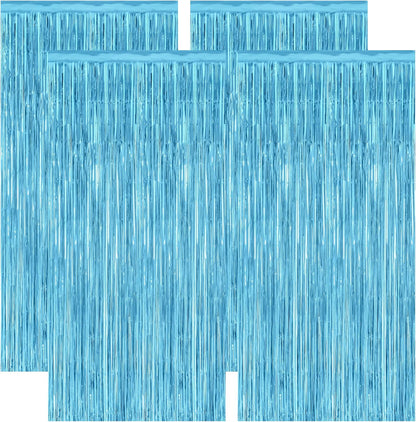 4 Pack Party Decorations, 3.28 FT x 7.05 FT Blue Foil Streamers, Metallic Sky Blue Backdrop Fringe