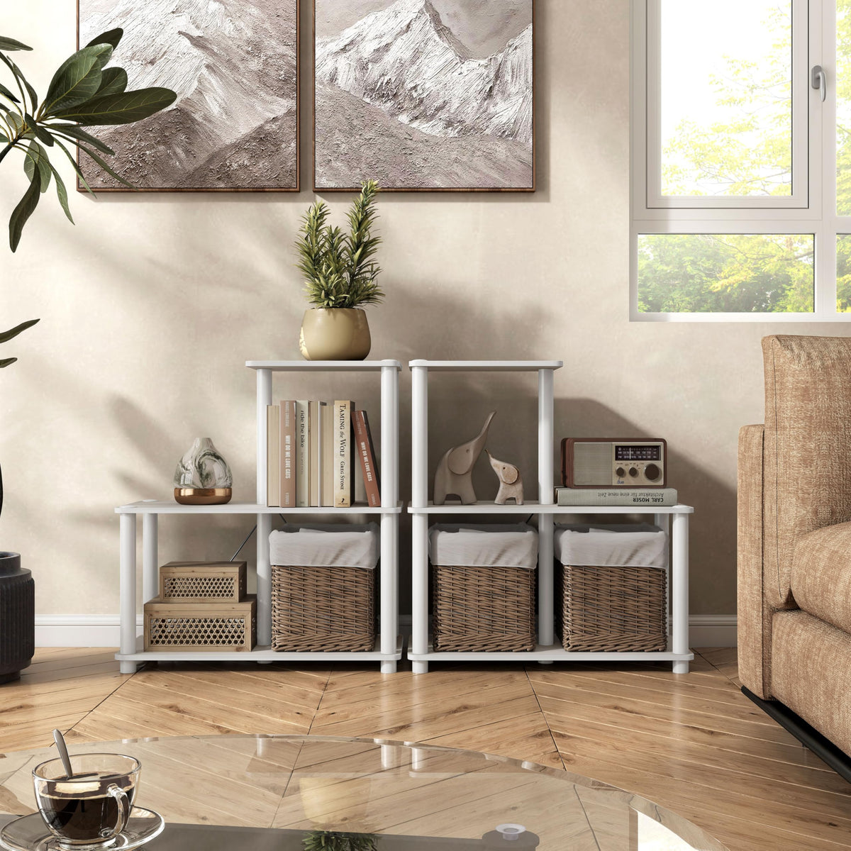 Homes: Inside + Out Apexa Modern 3-Cube Ladder Shelving Units, Collectibles Display Shelves, Easy