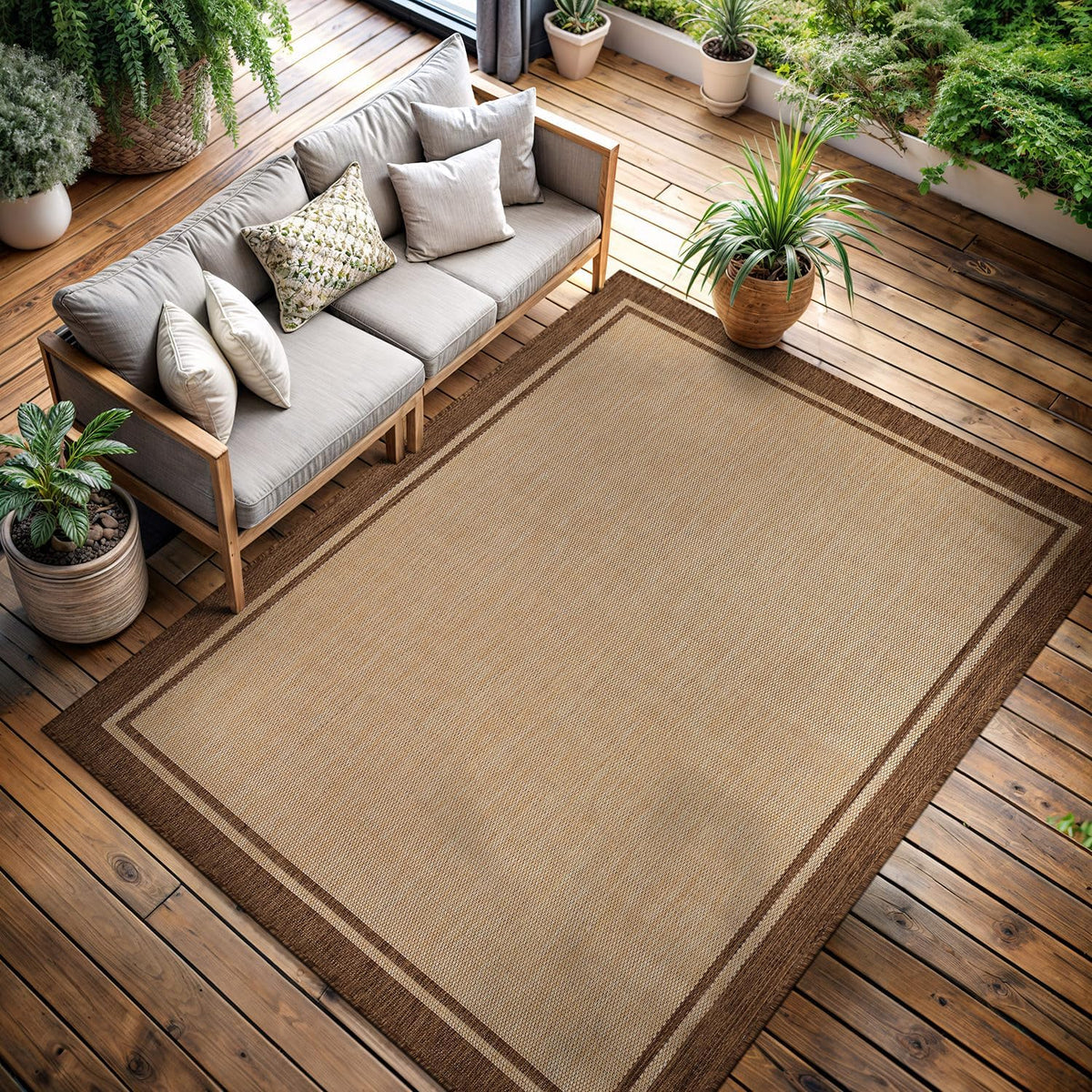 CAMILSON Outdoor Rug 5x7 Bordered Natural Brown Modern Area Rugs for Indoor and Outdoor Patios