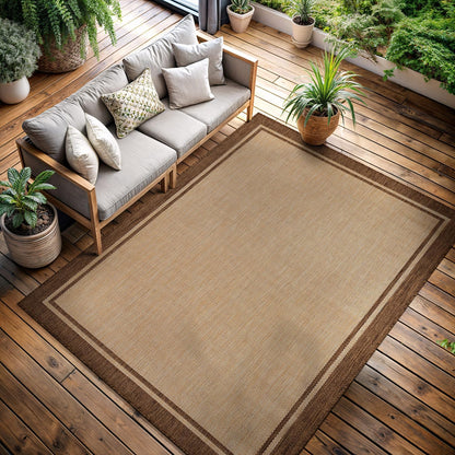 CAMILSON Outdoor Rug 5x7 Bordered Natural Brown Modern Area Rugs for Indoor and Outdoor Patios
