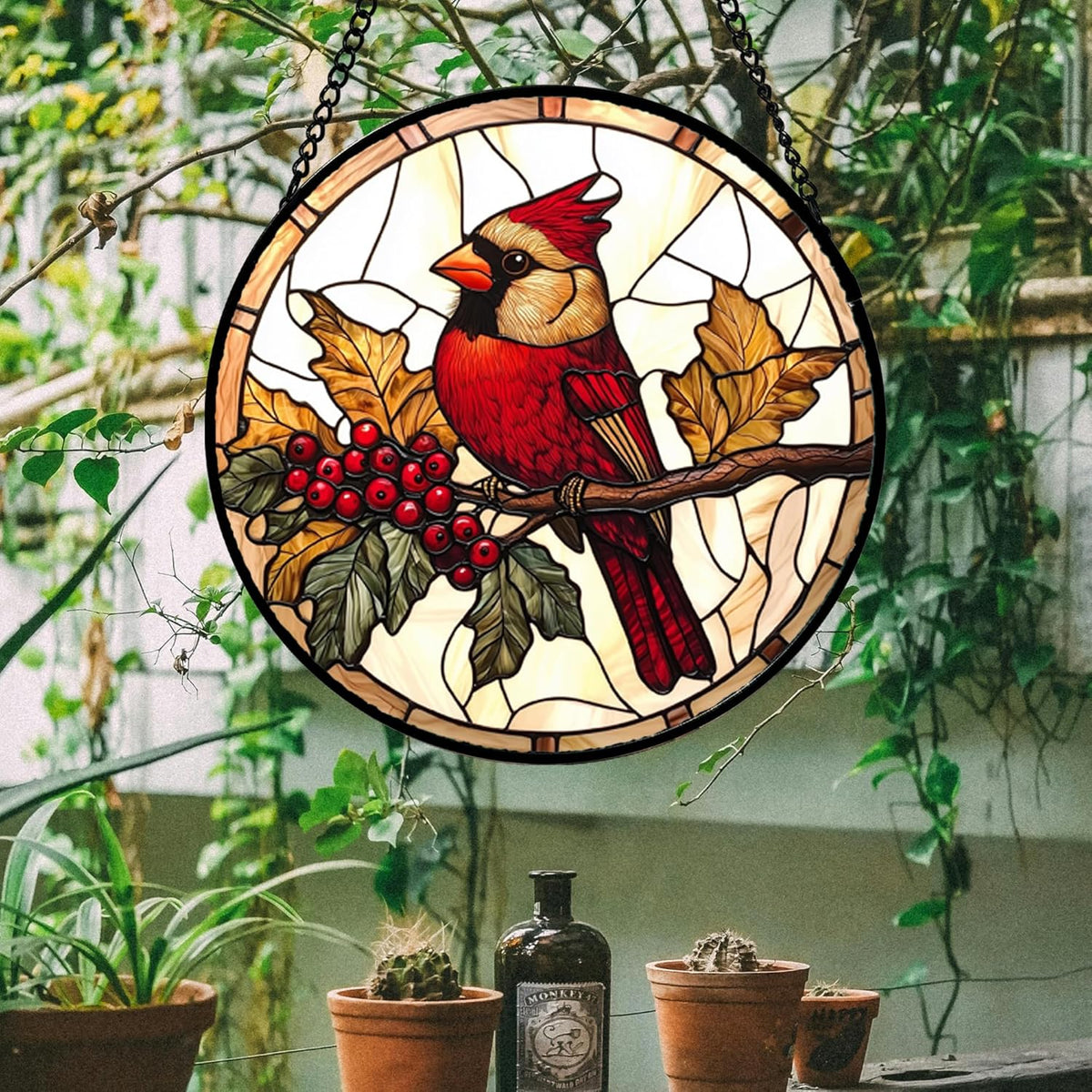 Stained Glass Window Hanging, Birds on a Branch Cardinal Sun Catchers Diamond Glass Panel Hangings