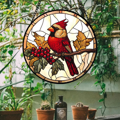Stained Glass Window Hanging, Birds on a Branch Cardinal Sun Catchers Diamond Glass Panel Hangings