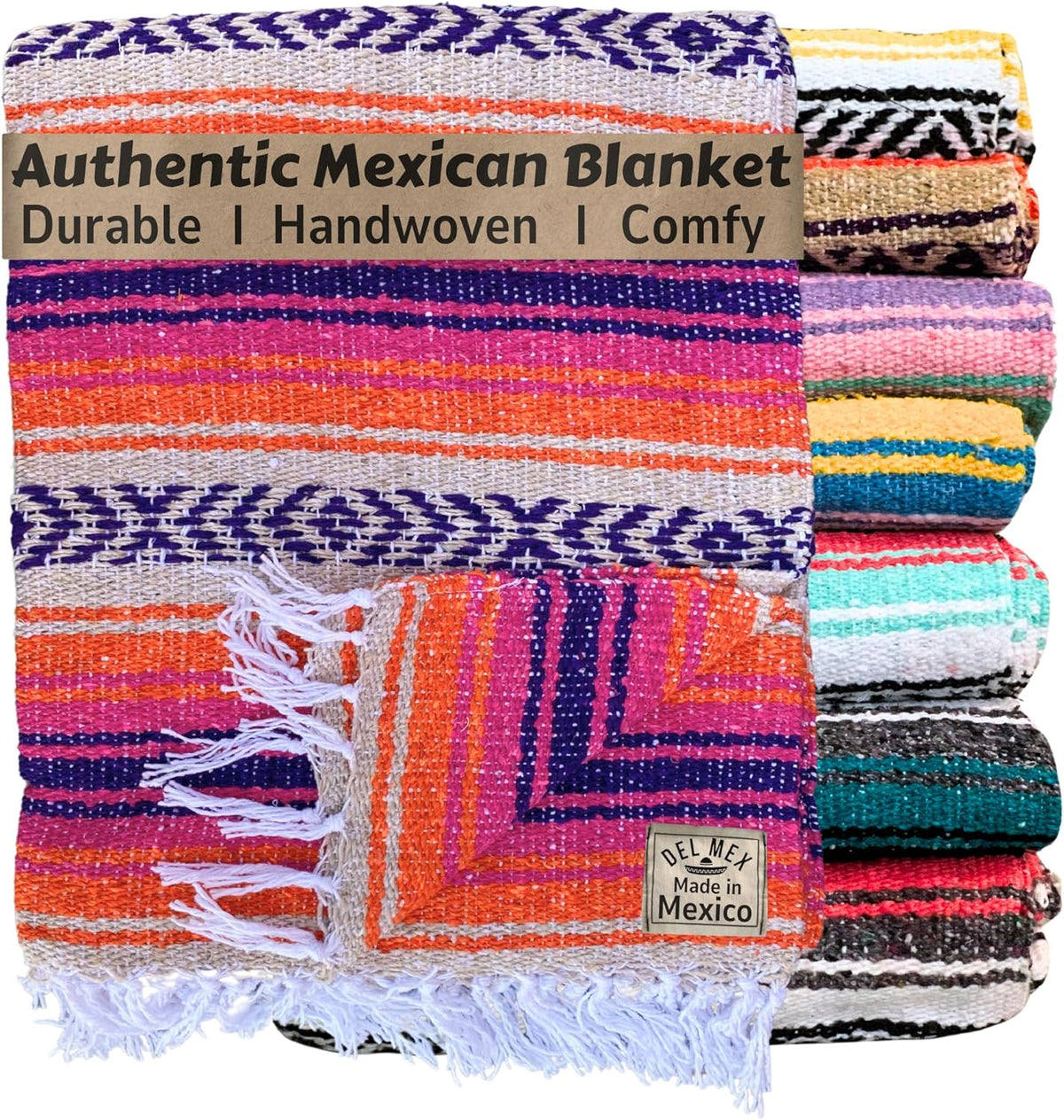 Del Mex Classic Mexican Blanket, Large Authentic Woven Falsa Throw (70"x50"), Artisan Southwest