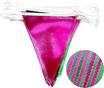 Pink and Green Party Decorations Metallic Hot Pink Light Green Fabric Triangle Pennant Banner Flag