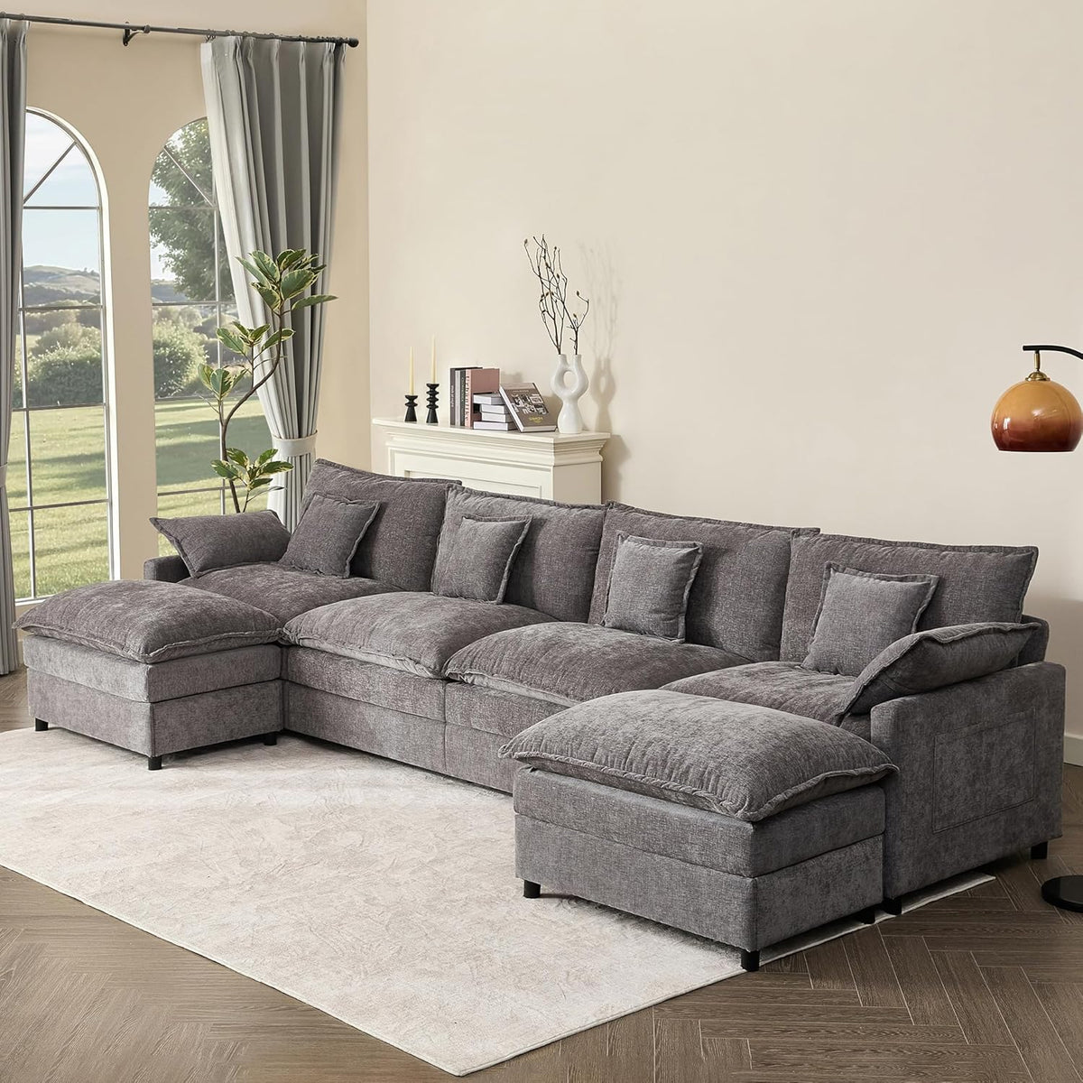 142.5" U Shaped Couch, Modular Sectional Sofa, 3-Seater Comfy Cloud Couch with Movable Ottoman