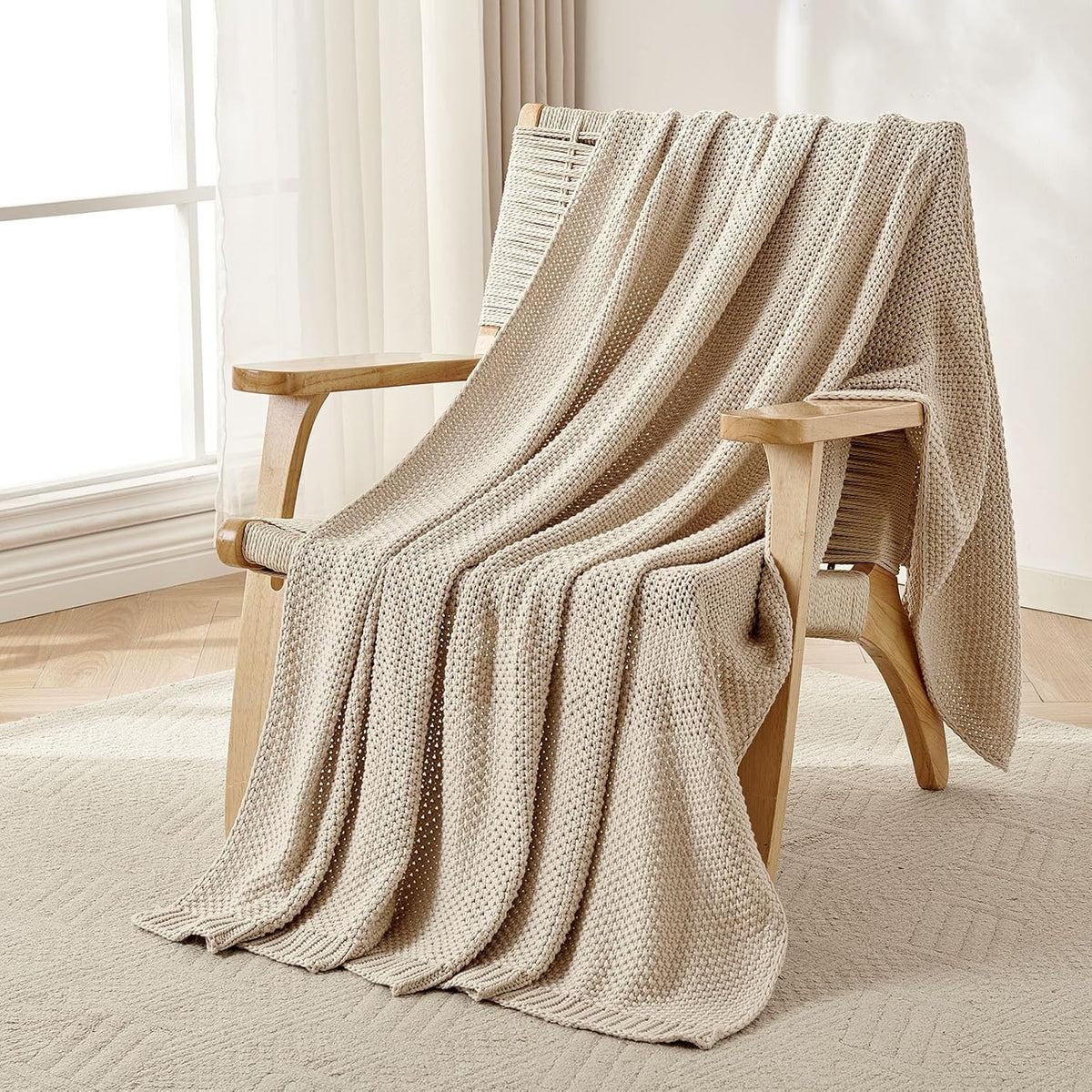 Joydeco Chunky Cable Knit Throw Blanket, Lightweight 100% Organic Cotton Soft Cozy Throw Twin