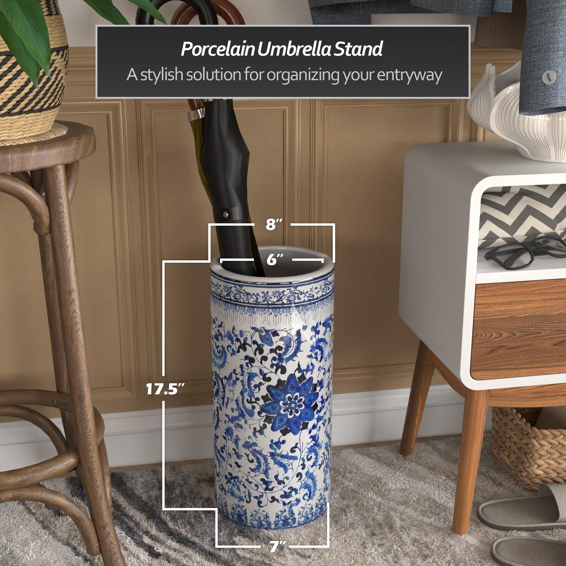 Red Lantern 18" Umbrella Stand - Blue and White Floral