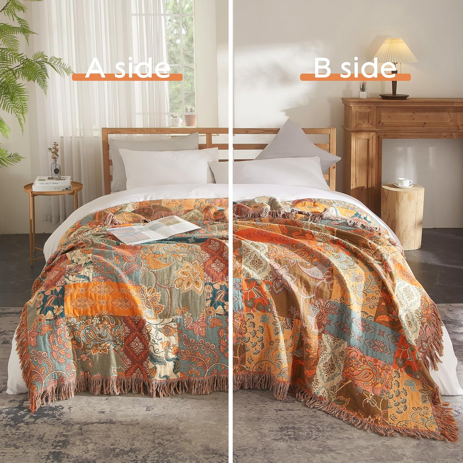 Boho Throw Blanket for Bed 60”x80”, 100% Cotton Woven Blanket for Couch Sofa, Ultra Soft 4-Layer