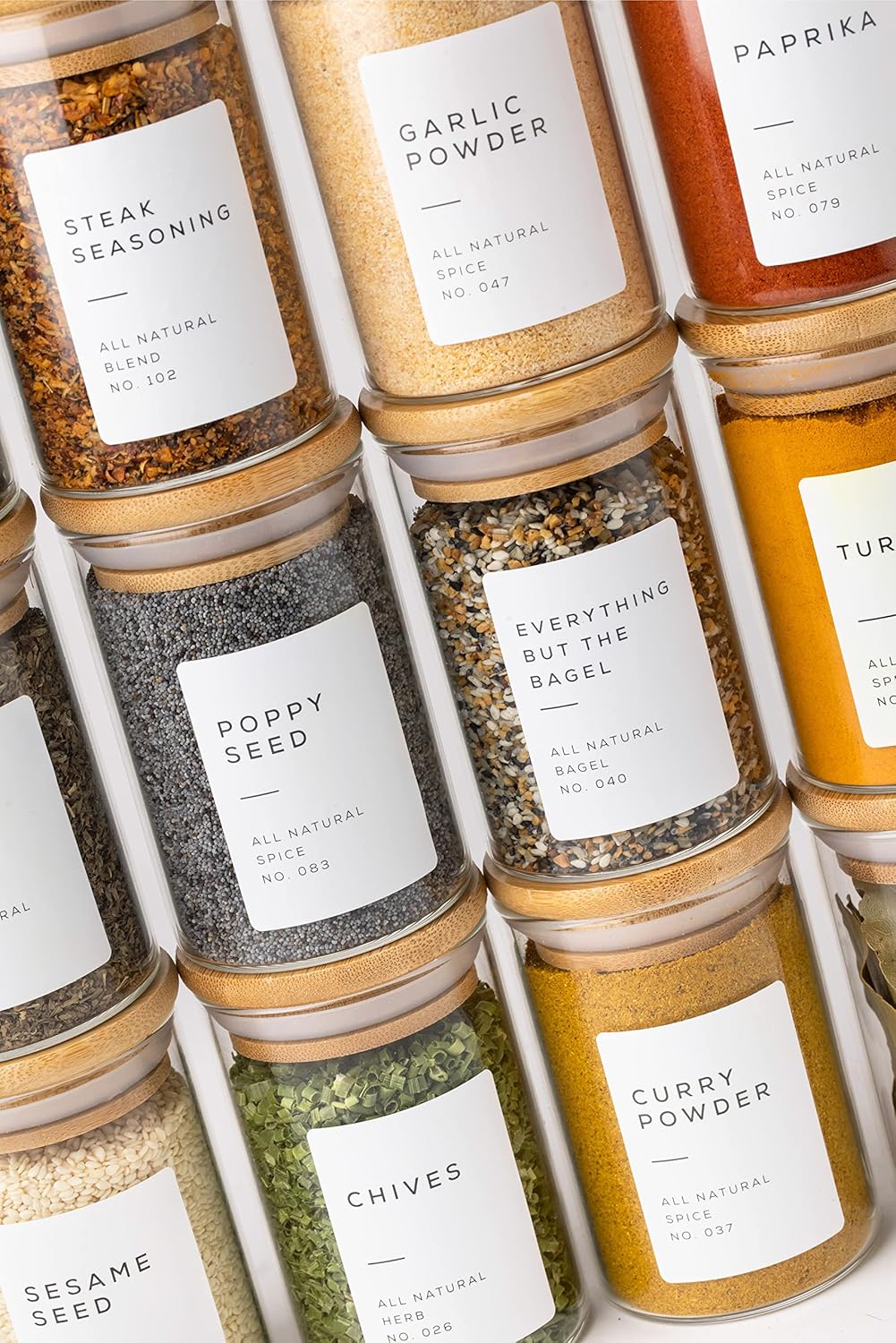 Empty Spice Jars with Label Pack (12x Bamboo Lid Glass Jar). Small 6oz Spice Storage Bottles with