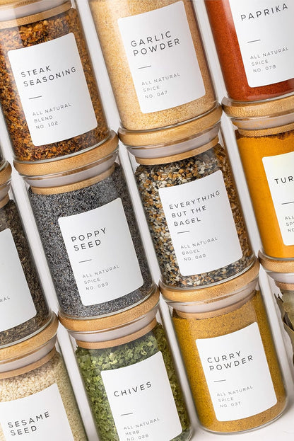 Empty Spice Jars with Label Pack (12x Bamboo Lid Glass Jar). Small 6oz Spice Storage Bottles with