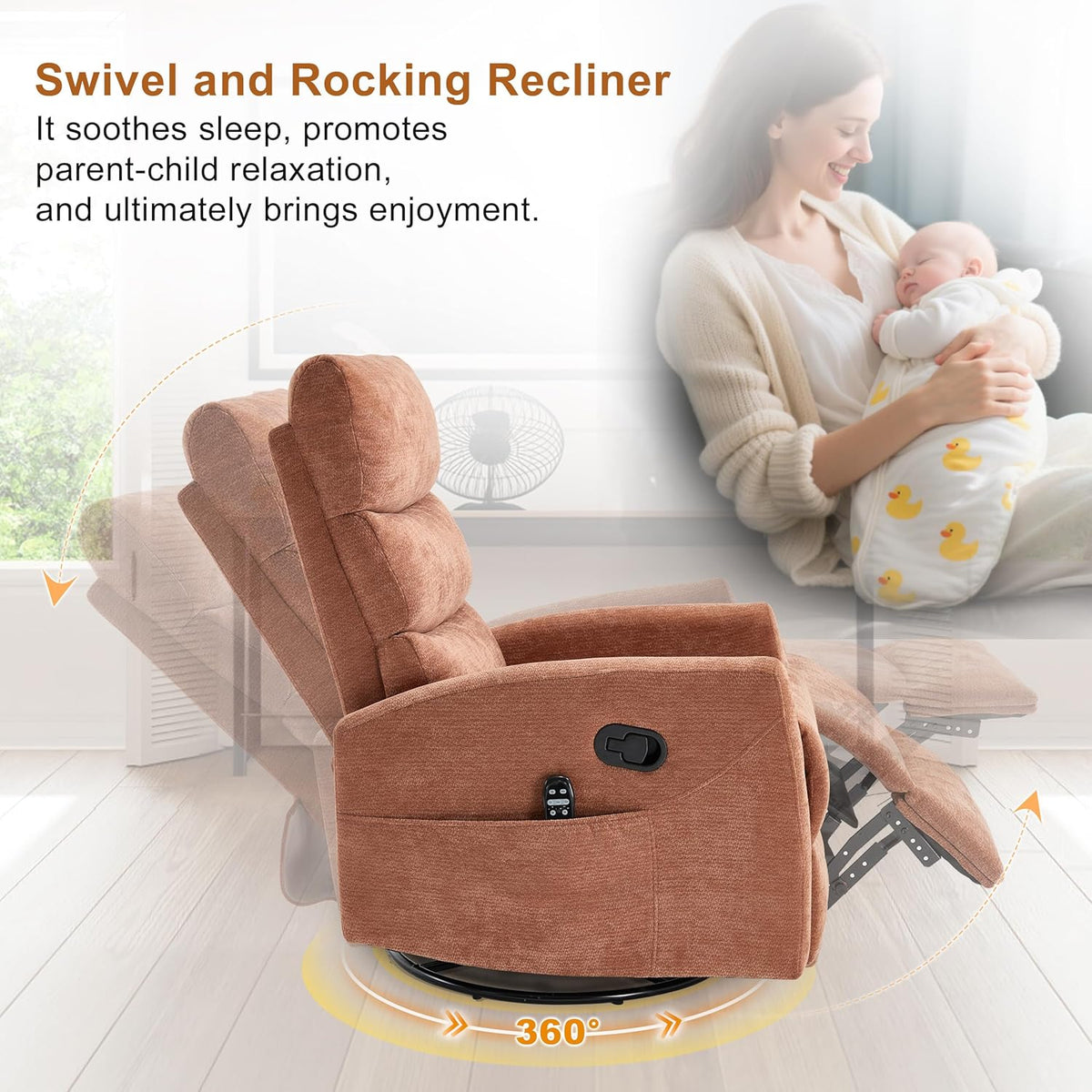 Manual Swivel Rocker Recliner Chair for Adults, Overstuffed Reclining Glider Chair for Nursing with