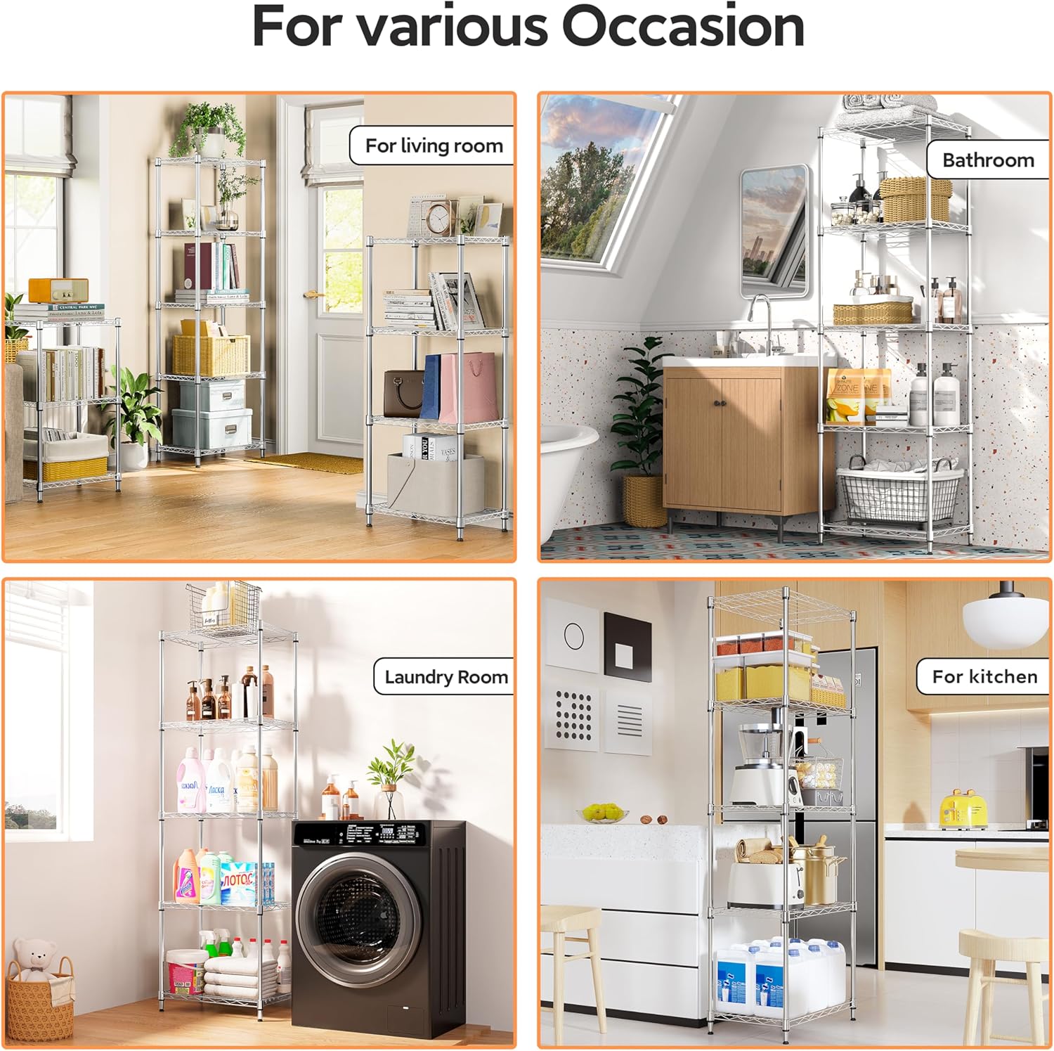 5 Tiers Shelf Metal Storage Shelves Wire Rack Closet Organizers with Wheel for Garage Kitchen
