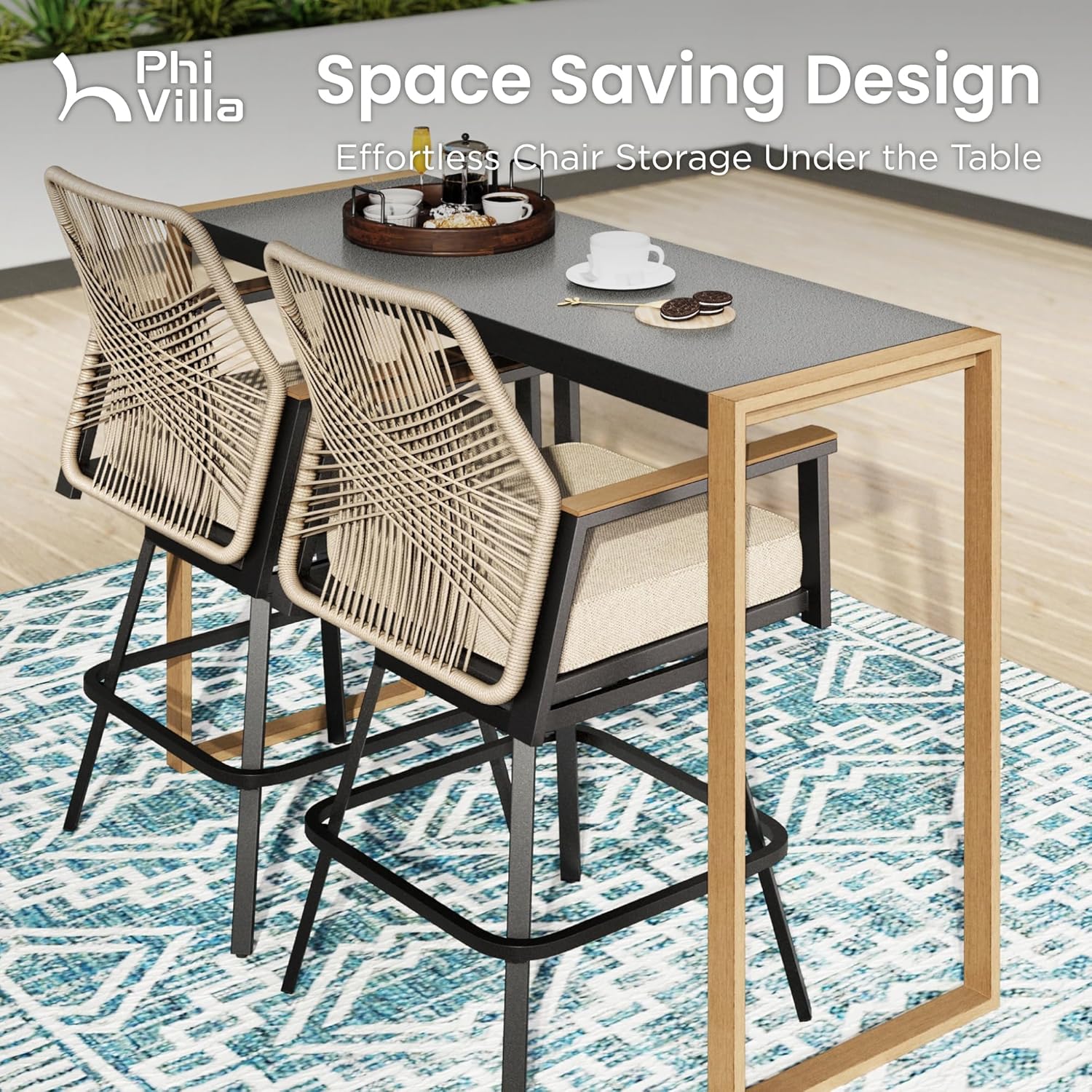 PHI VILLA Outdoor Bar Table for 2-4 Person - 55" W x 40" H Bar Height Patio Bistro Table with Stone