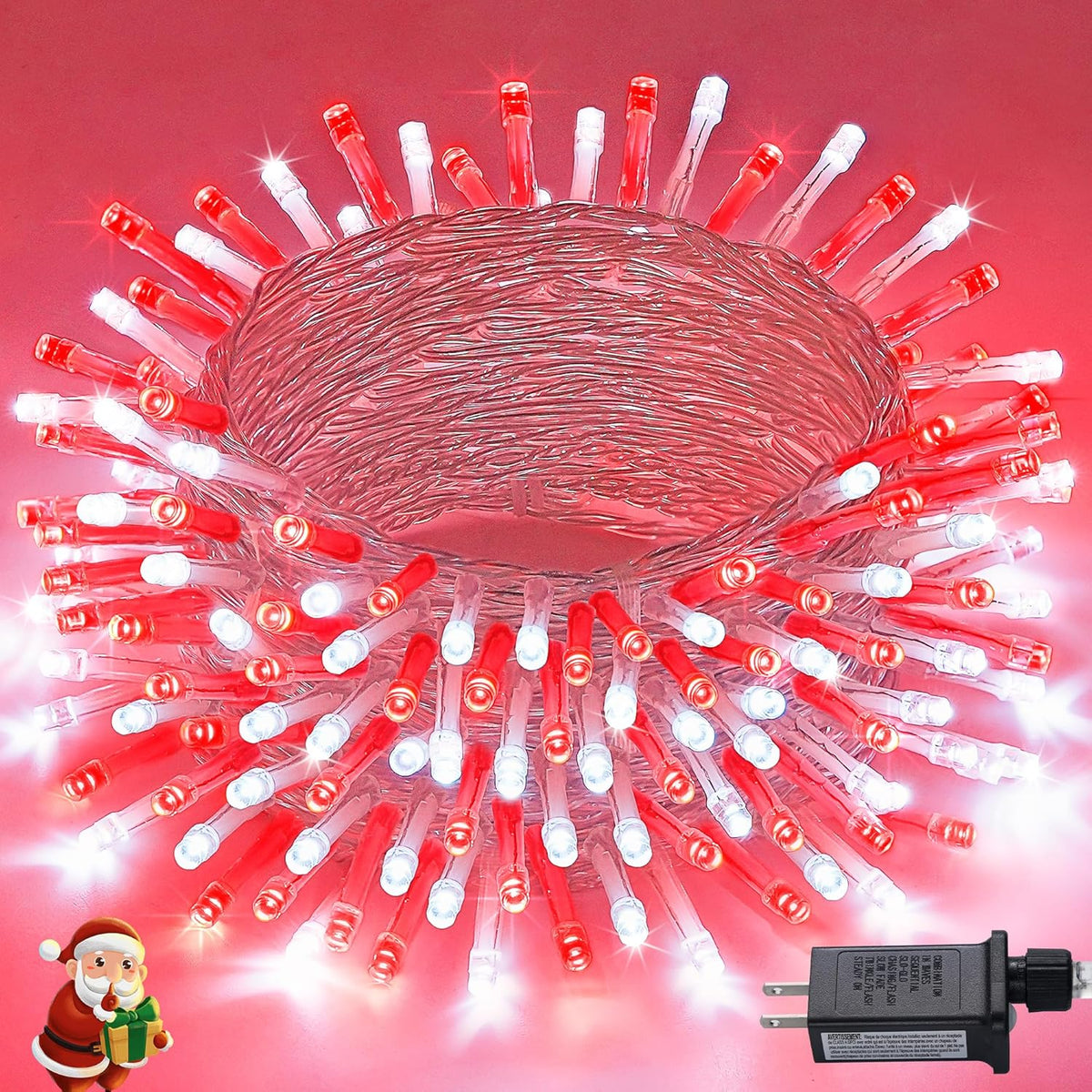 JMEXSUSS Connectable Red and White Christmas Lights, 8 Modes 100 LED Twinkle String Lights Indoor