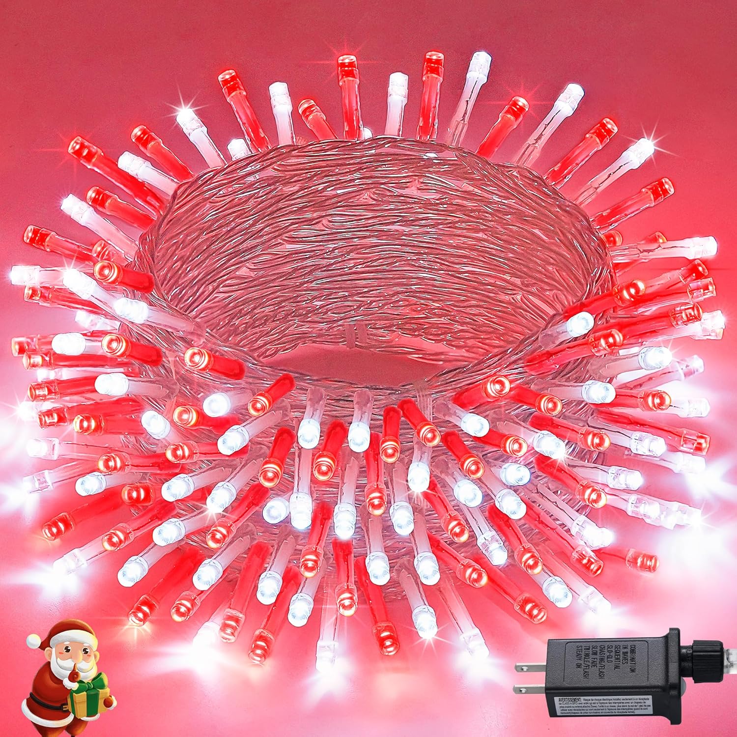 JMEXSUSS Connectable Red and White Christmas Lights, 8 Modes 100 LED Twinkle String Lights Indoor