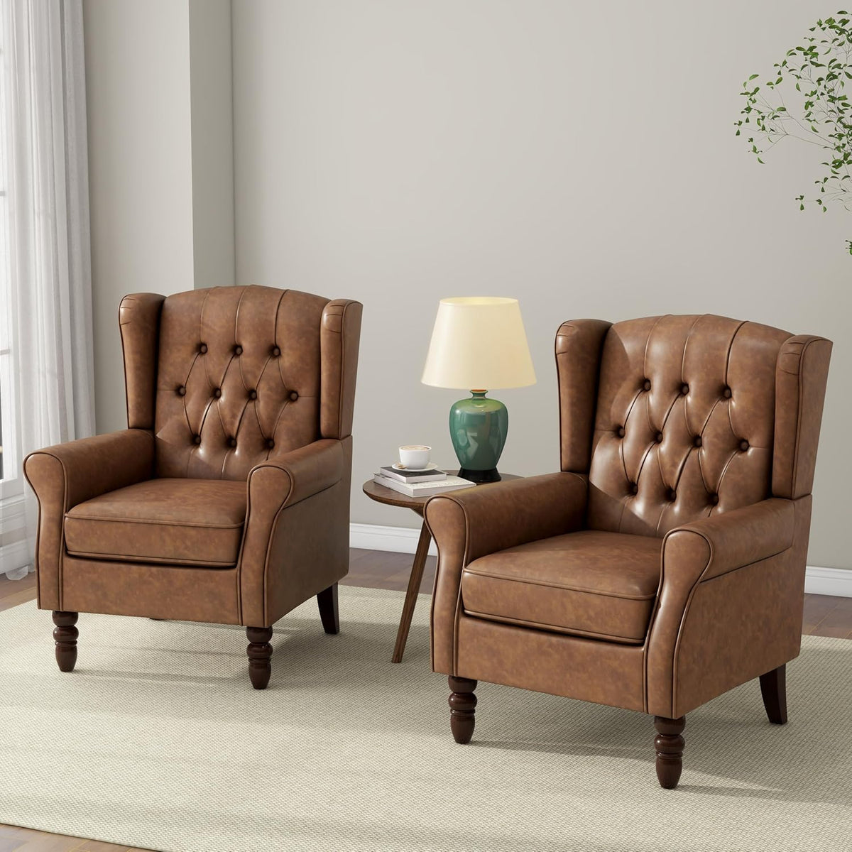 Accent Chair, Upholstered Armchair with Button Tufted High Back & Solid Wood Legs, Comfy Wingback