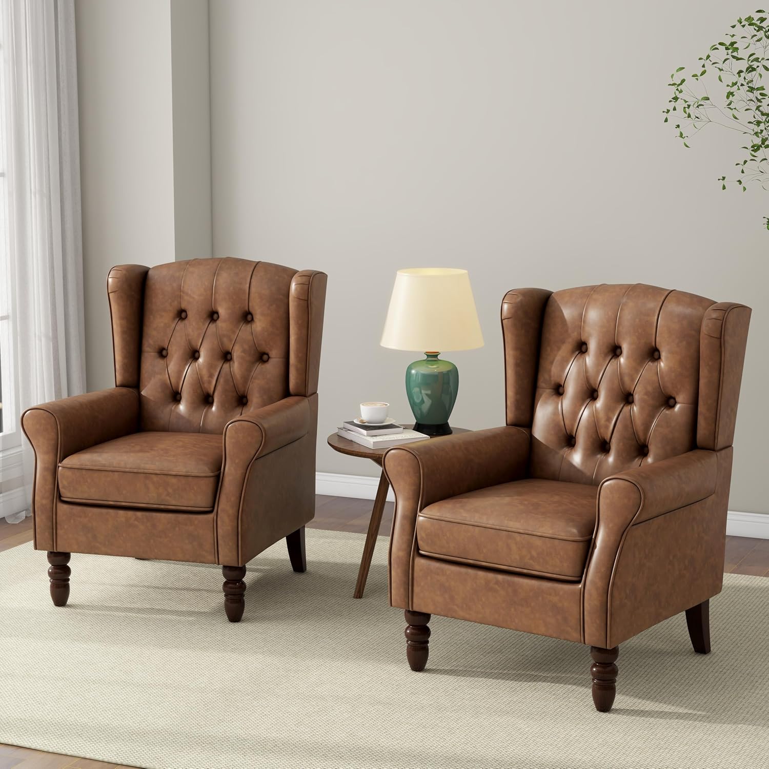 Accent Chair, Upholstered Armchair with Button Tufted High Back & Solid Wood Legs, Comfy Wingback