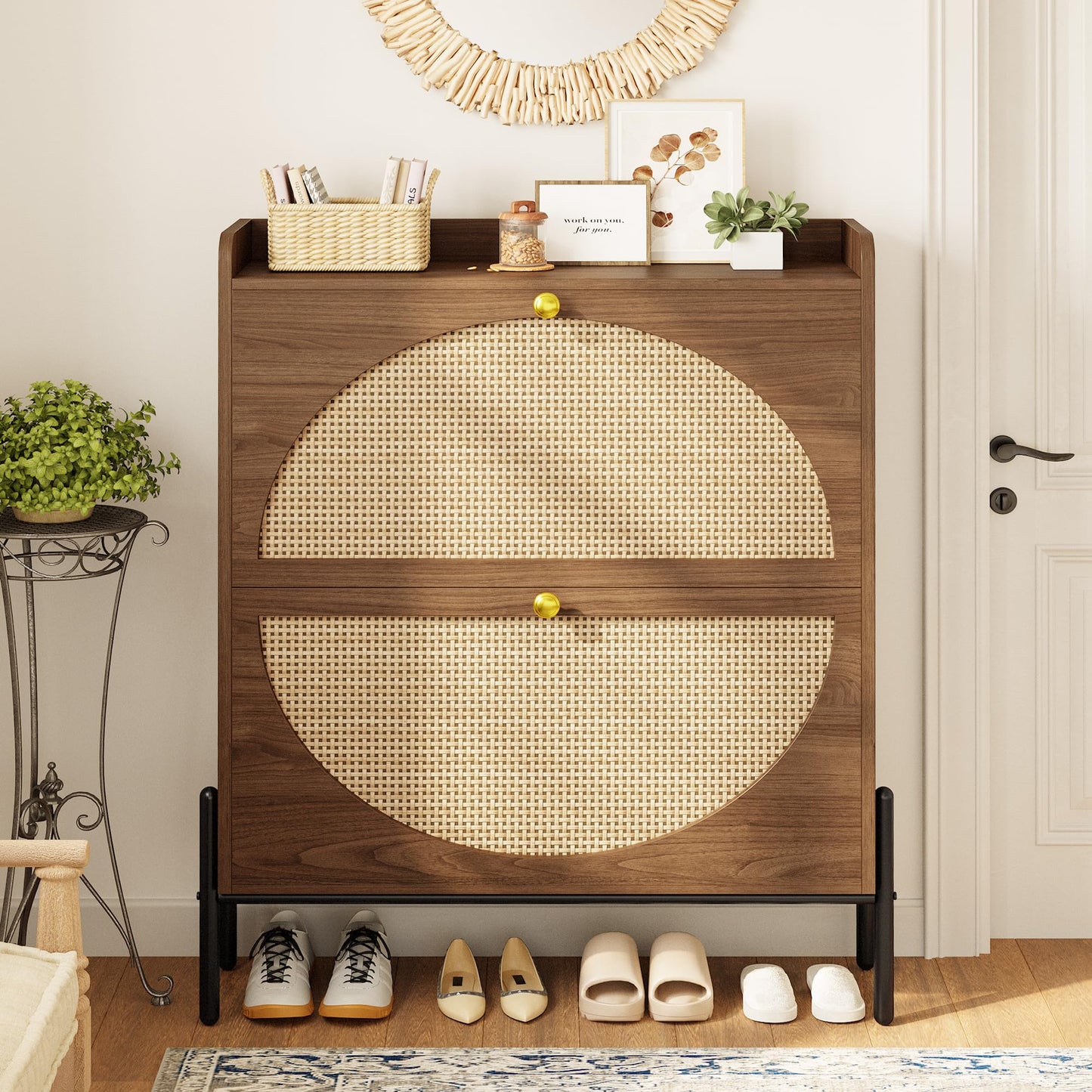 IRONCK Rattan Shoe Cabinet Storage with 2 Flip Drawers, Walnut