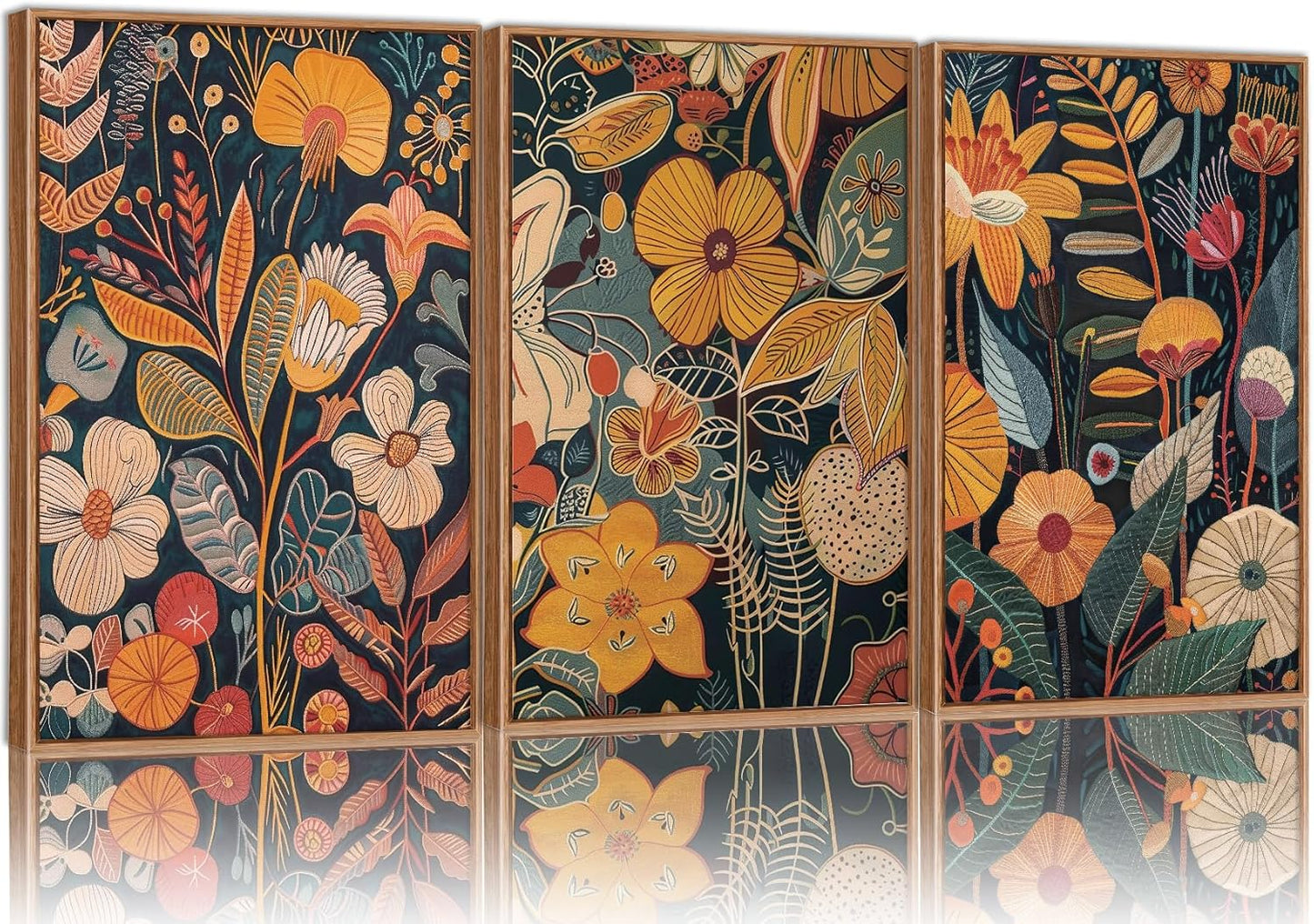SIGNINART Orange Floral Framed Canvas Wall Art Set of 3, Mid Century Modern Flower Wall Decor