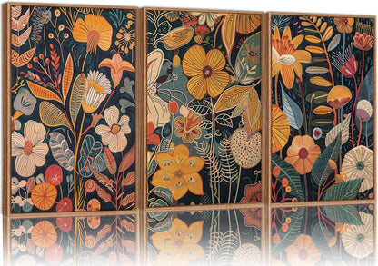 SIGNINART Orange Floral Framed Canvas Wall Art Set of 3, Mid Century Modern Flower Wall Decor