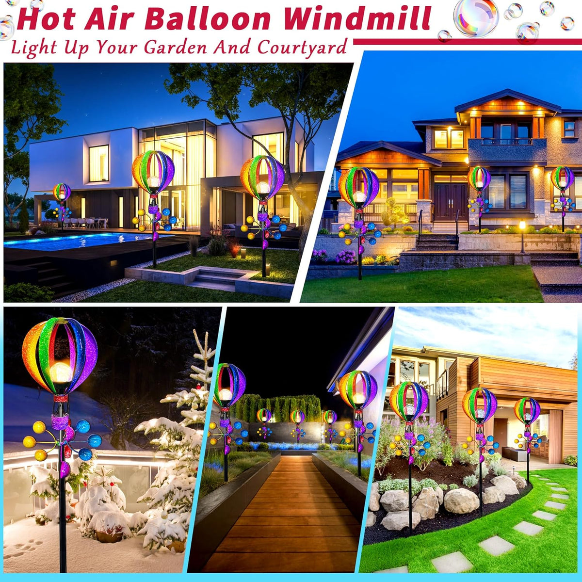 Solar Wind Spinner Outdoor - Hot Air Balloon Wind Spinners, Metal Garden Decor with LED Lights