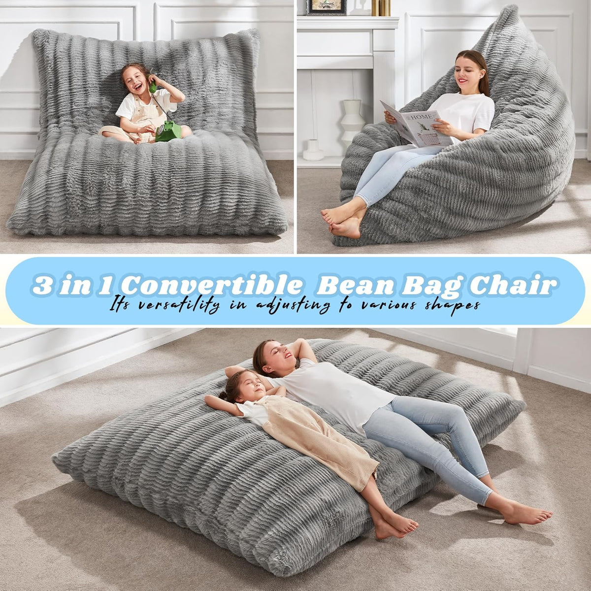 Hobestluk 3 in 1 Bean Bag Chair Giant Bean Bag Chairs for Adults with Ripple Cover Convertible Bean