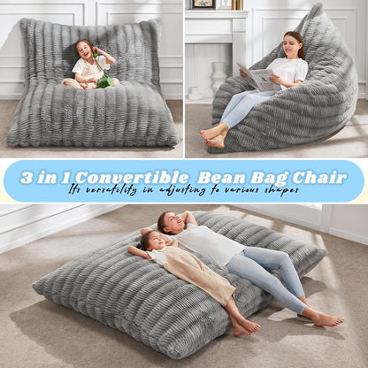 Hobestluk 3 in 1 Bean Bag Chair Giant Bean Bag Chairs for Adults with Ripple Cover Convertible Bean