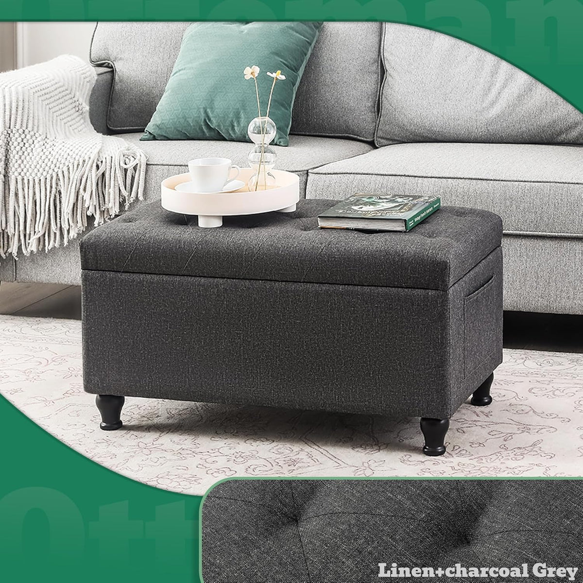 Ottoman with Storage 32'' Ottoman Storage Bench Linen Fabric Ottomans Footstools Upholstered Foot