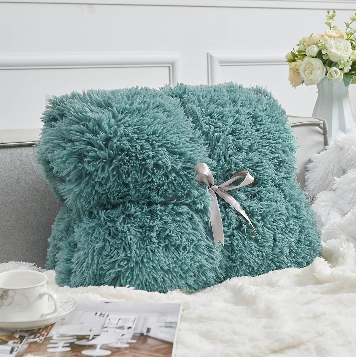 GONAAP Fuzzy Faux Fur Throw Blanket Light Teal Super Soft Cozy Plush Fuzzy Shaggy Blanket for Couch