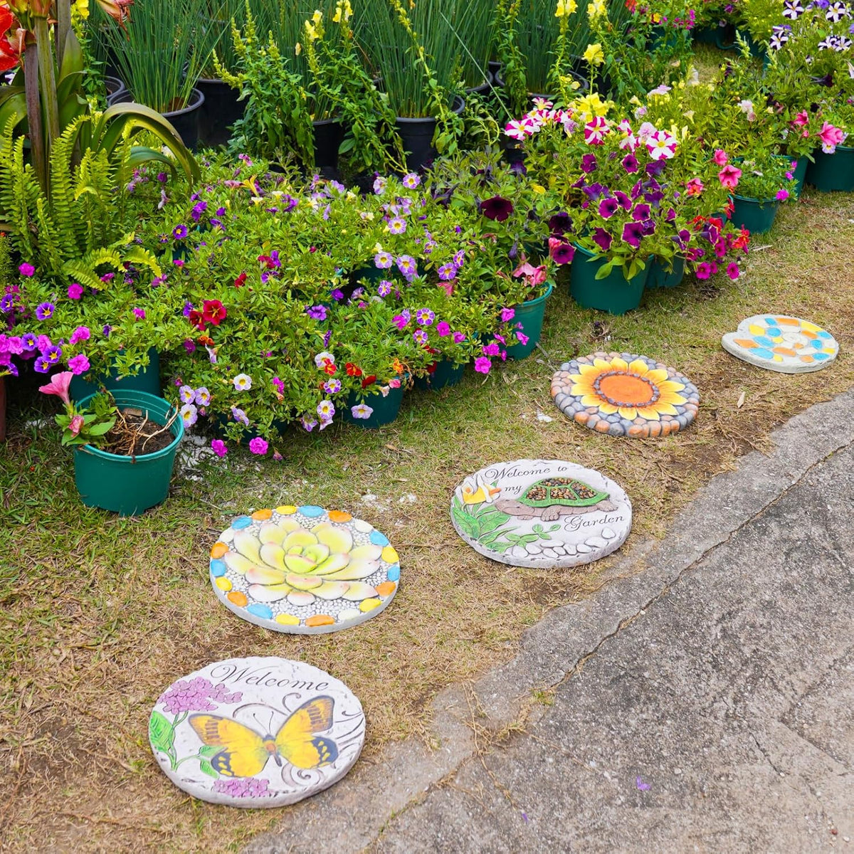 Succulent Pattern Cement Stepping Stones - Outdoor Pavers for Walkway, Multicolored Decorative