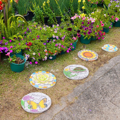 Succulent Pattern Cement Stepping Stones - Outdoor Pavers for Walkway, Multicolored Decorative