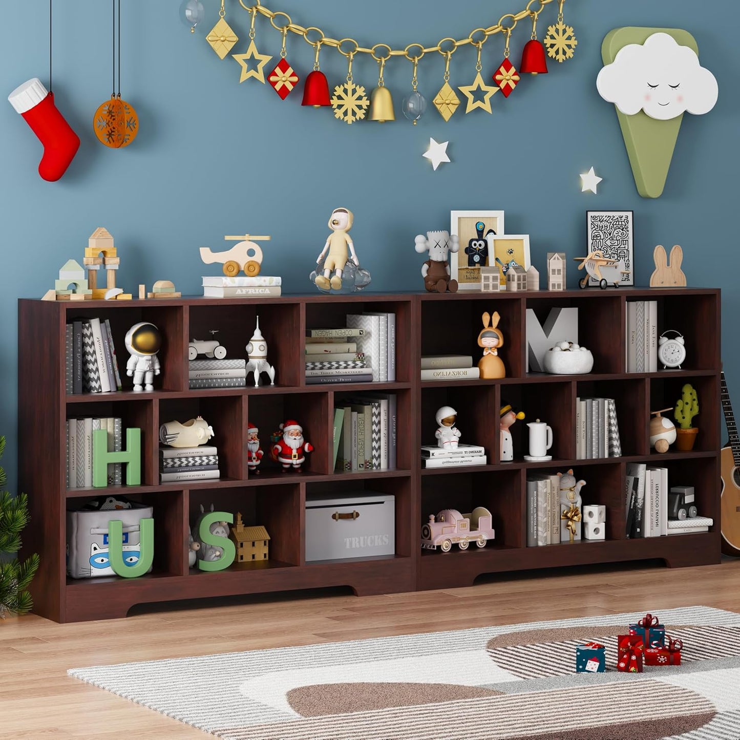 Book Shelf, 10 Cubes Storage Organizer, 3-Tier Open Shelf Wooden Bookcase, Freestanding Cherry