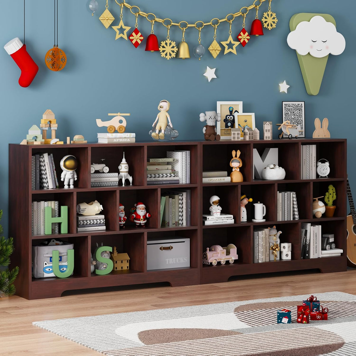 Book Shelf Set of 2, 10 Cubes Storage Organizer, 3-Tier Open Shelf Wooden Bookcase, Freestanding