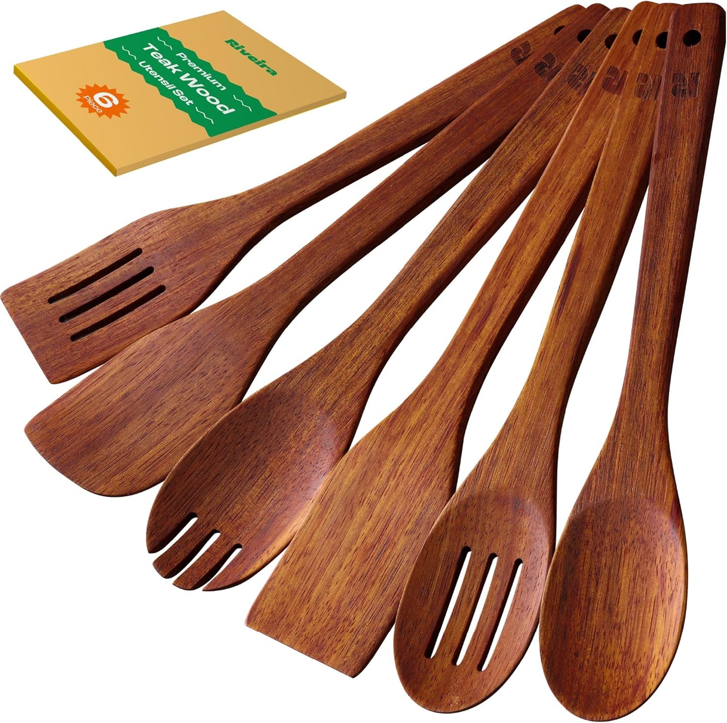 Riveira Teak Wooden Spoons for Cooking Set of 6 – Natural Teak Wooden Cooking Utensils, Wooden