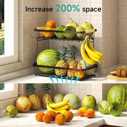 3 Tier Fruit Basket for Kitchen Counter with 2 Mobile Banana Hangers, 2025 Pro Detachable Metal
