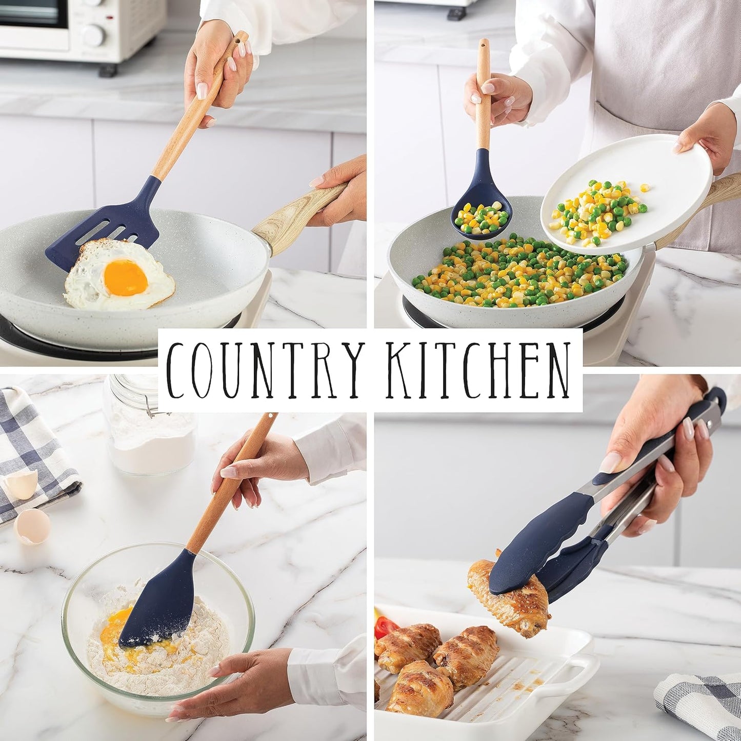 Country Kitchen Non Stick Silicone Utensil Set with Rounded Wood Handles for Cooking and Baking, 38