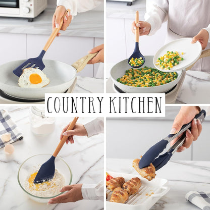 Country Kitchen Non Stick Silicone Utensil Set with Rounded Wood Handles for Cooking and Baking, 38