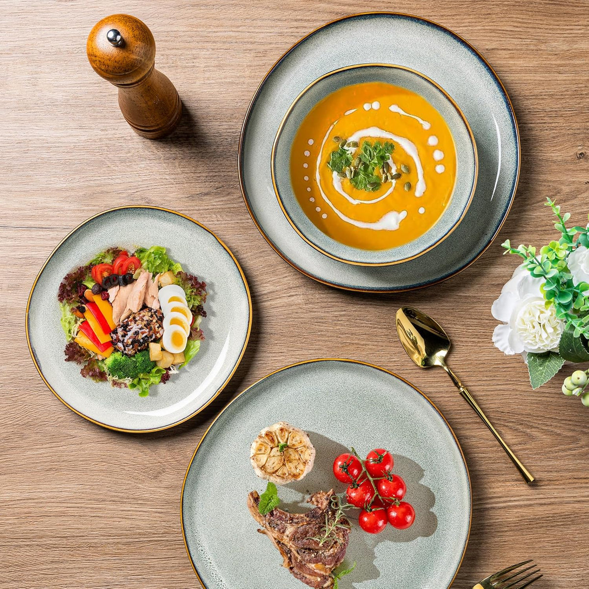 AmorArc Ceramic Dinnerware Sets,Handmade Reactive Glaze Stoneware Plates and Bowls Sets,Highly