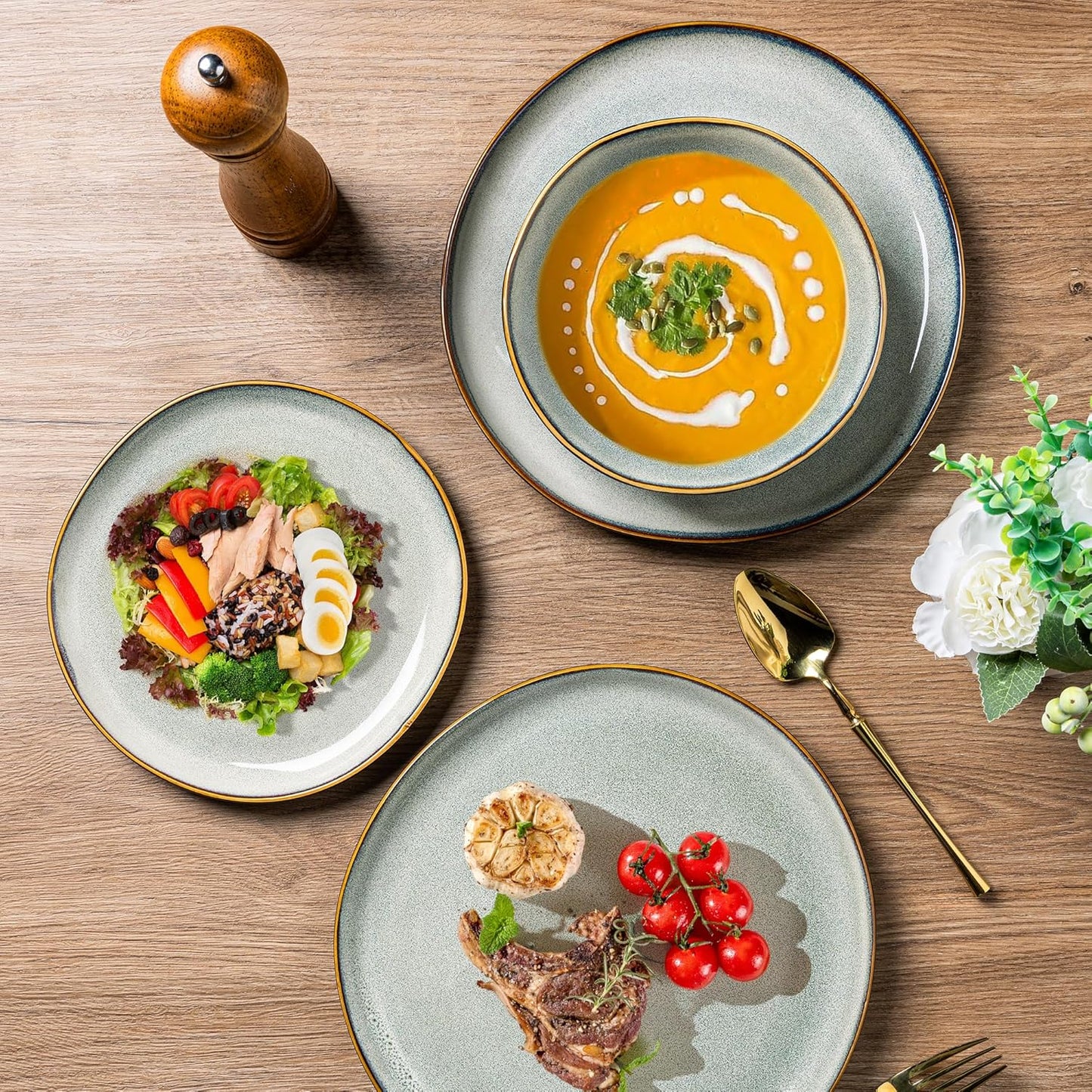 AmorArc Ceramic Dinnerware Sets,Handmade Reactive Glaze Stoneware Plates and Bowls Set,Highly