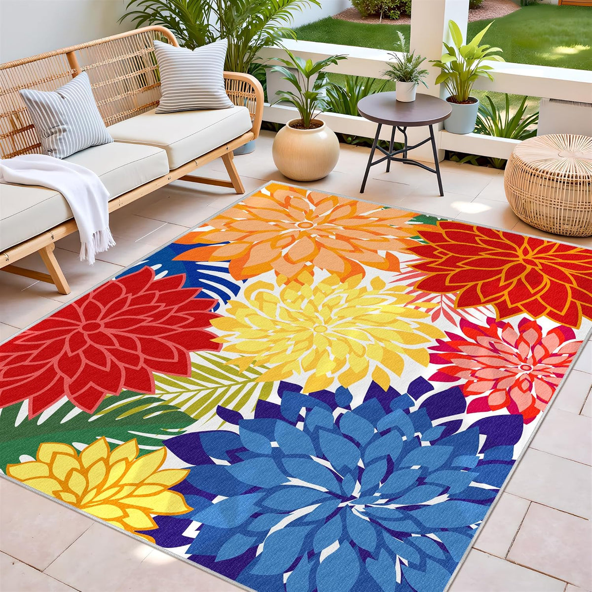 Indoor Outdoor Area Rug Washable Rugs Multicolored Patio Rug Tropical Botanical Modern Floral
