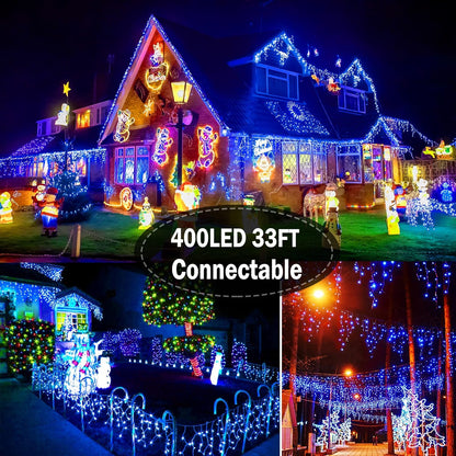 KNONEW Christmas Lights Outdoor Decorations 400 LED 33ft 8 Modes Curtain String Light with 75