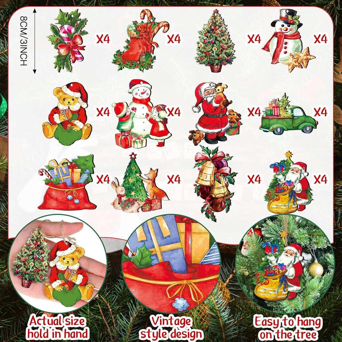 Victorian Style Wood Ornaments - 48 Pcs Christmas Decorations Hanging Santa Claus Snowman Retro