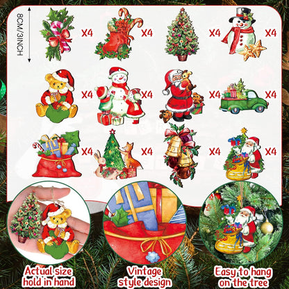 Victorian Style Wood Ornaments - 48 Pcs Christmas Decorations Hanging Santa Claus Snowman Retro