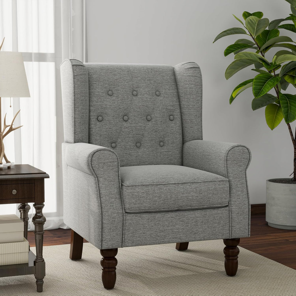 Lumibee High Back Accent Chair,Upholstered Wingback Armchair with Solid Wood Legs for Small